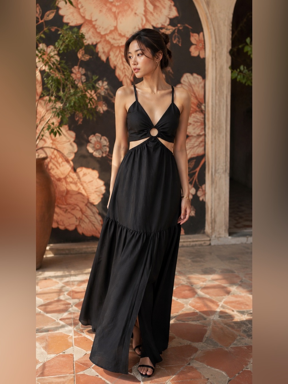 ELEGANT Black Cutout Maxi Dress with Open Back and Ring Detail